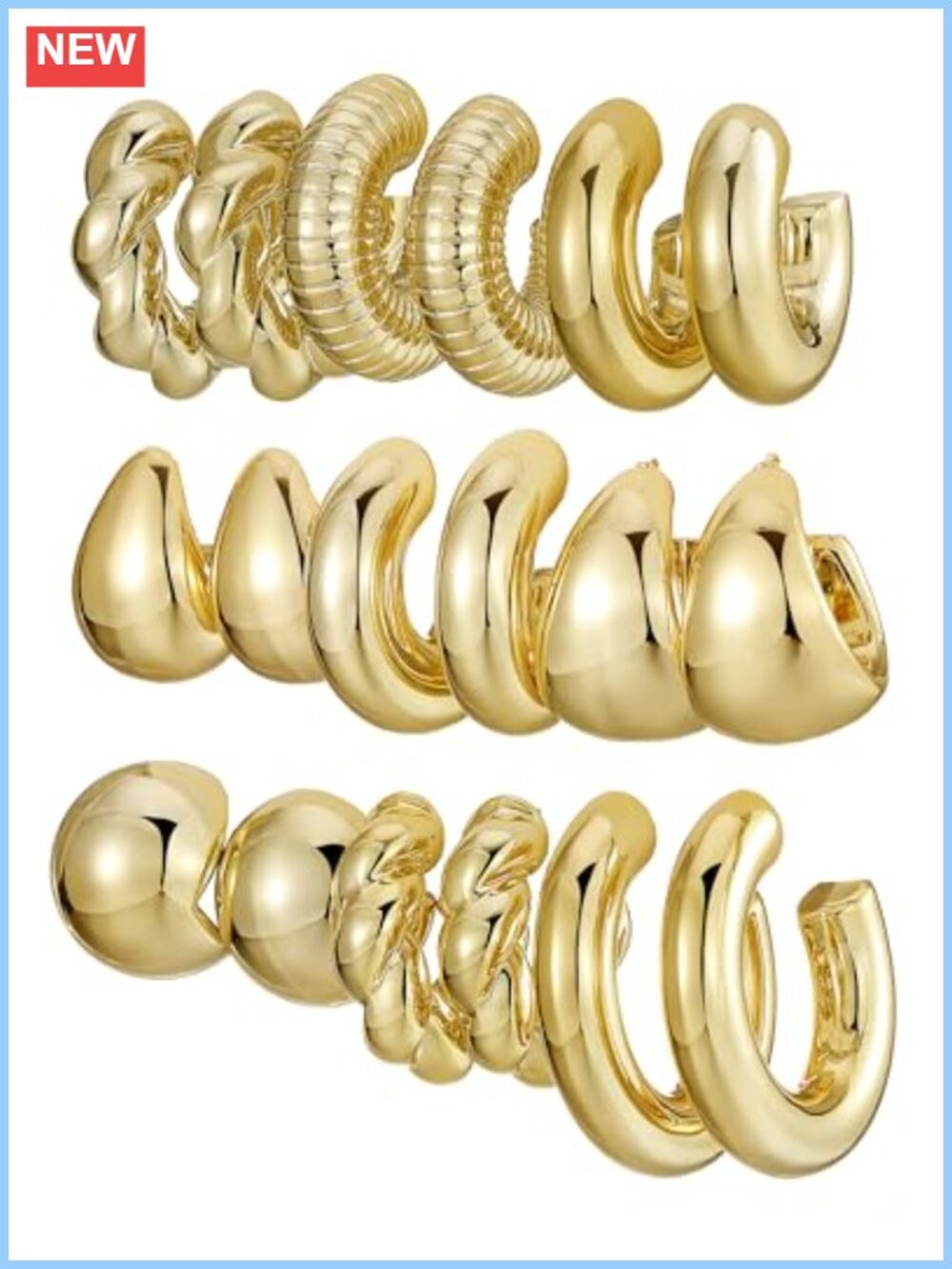 14k Gold Plated Hoop Earring Set 24 Pairs Hypoallergenic Chunky Twisted Open